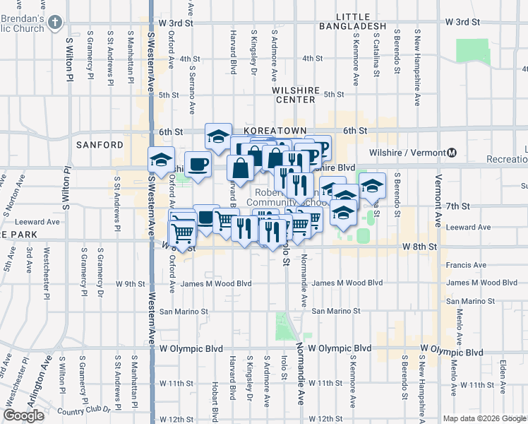map of restaurants, bars, coffee shops, grocery stores, and more near 3458 West 7th Street in Los Angeles