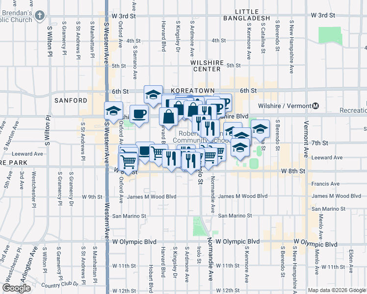 map of restaurants, bars, coffee shops, grocery stores, and more near 3458 West 7th Street in Los Angeles