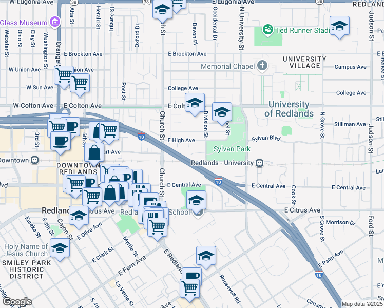 map of restaurants, bars, coffee shops, grocery stores, and more near 815 Sylvan Boulevard in Redlands
