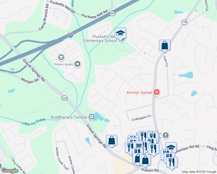 map of restaurants, bars, coffee shops, grocery stores, and more near 2758 Ashton Hill Drive in Dacula