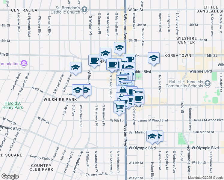 map of restaurants, bars, coffee shops, grocery stores, and more near 718 South Saint Andrews Place in Los Angeles