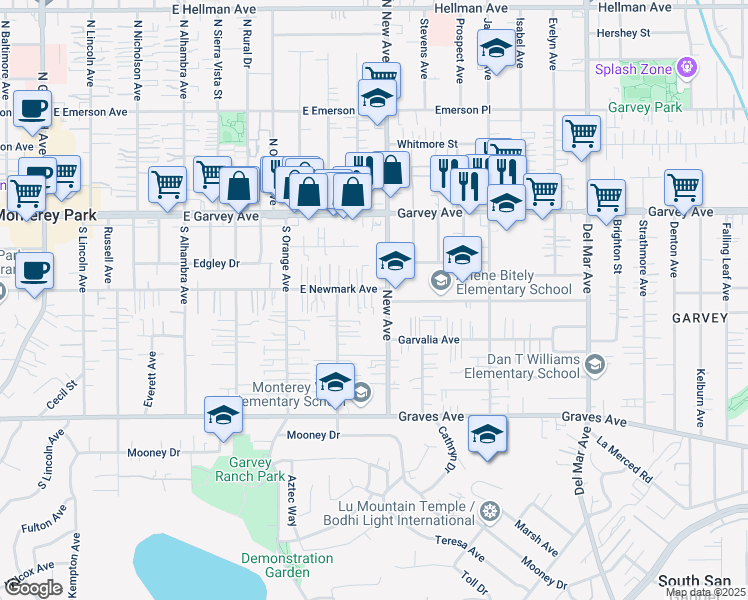 map of restaurants, bars, coffee shops, grocery stores, and more near 1012 East Newmark Avenue in Monterey Park