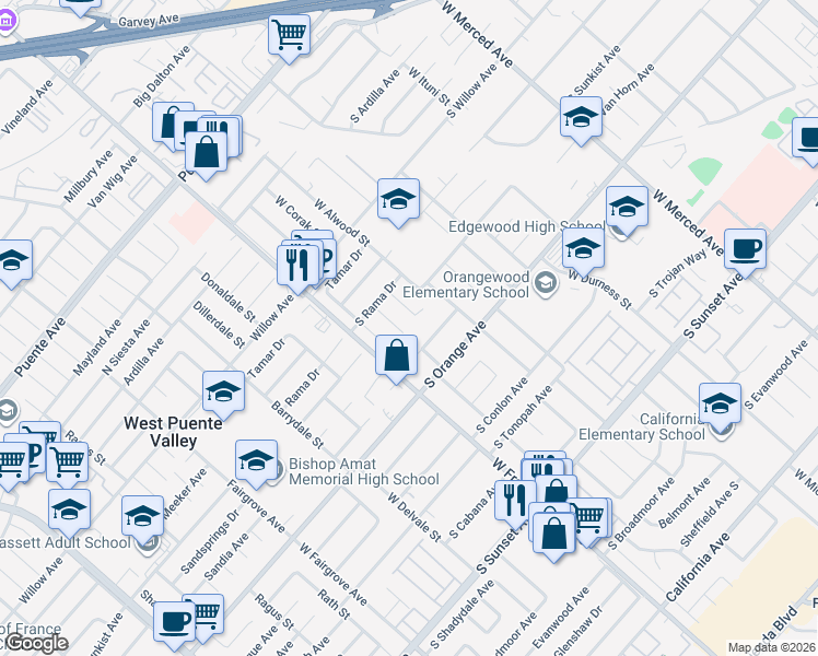 map of restaurants, bars, coffee shops, grocery stores, and more near 1911 West Doublegrove Street in West Covina