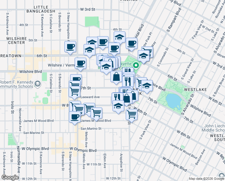 map of restaurants, bars, coffee shops, grocery stores, and more near 2892 West 7th Street in Los Angeles