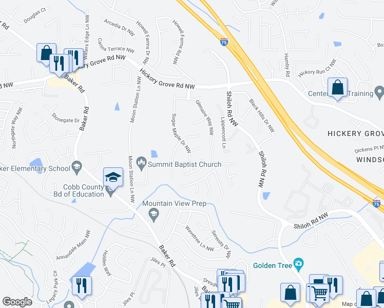 map of restaurants, bars, coffee shops, grocery stores, and more near 4388 Sugar Maple Drive Northwest in Acworth