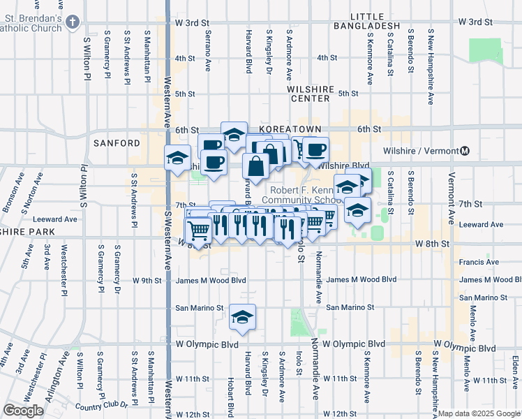 map of restaurants, bars, coffee shops, grocery stores, and more near 701 South Kingsley Drive in Los Angeles