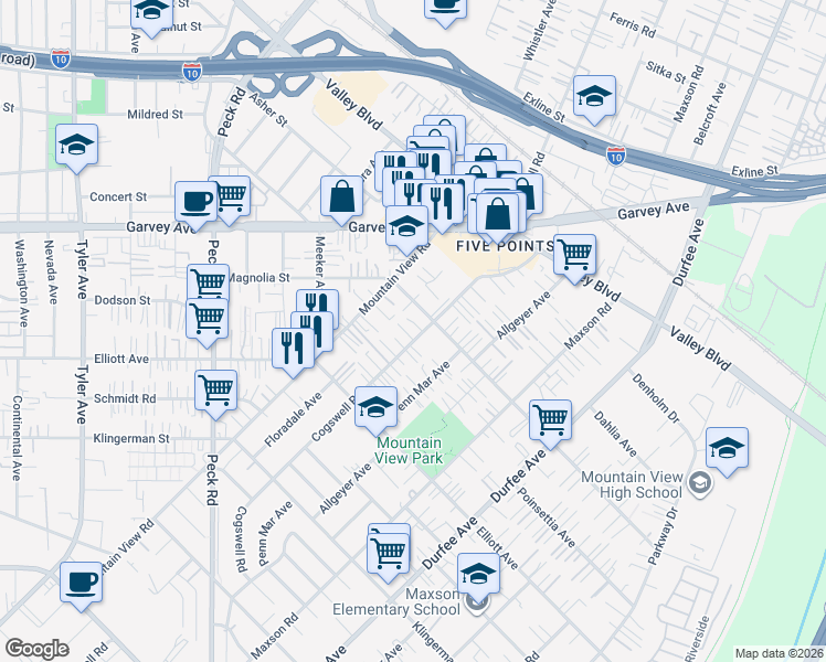 map of restaurants, bars, coffee shops, grocery stores, and more near 2743 Cogswell Road in El Monte