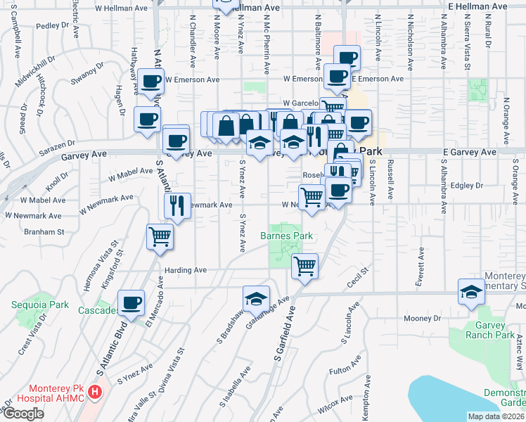 map of restaurants, bars, coffee shops, grocery stores, and more near 323 South Mc Pherrin Avenue in Monterey Park