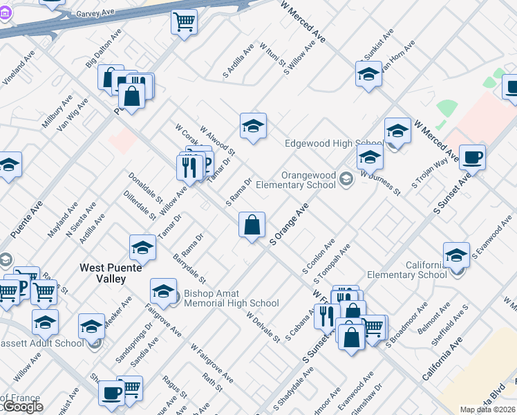 map of restaurants, bars, coffee shops, grocery stores, and more near 1911 West Doublegrove Street in West Covina