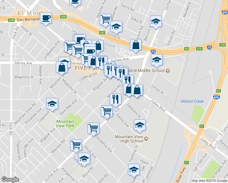 map of restaurants, bars, coffee shops, grocery stores, and more near 3012 Maxson Road in El Monte