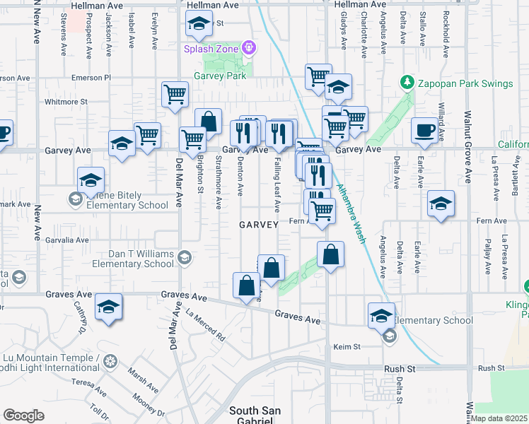 map of restaurants, bars, coffee shops, grocery stores, and more near 2568 Kelburn Avenue in Rosemead