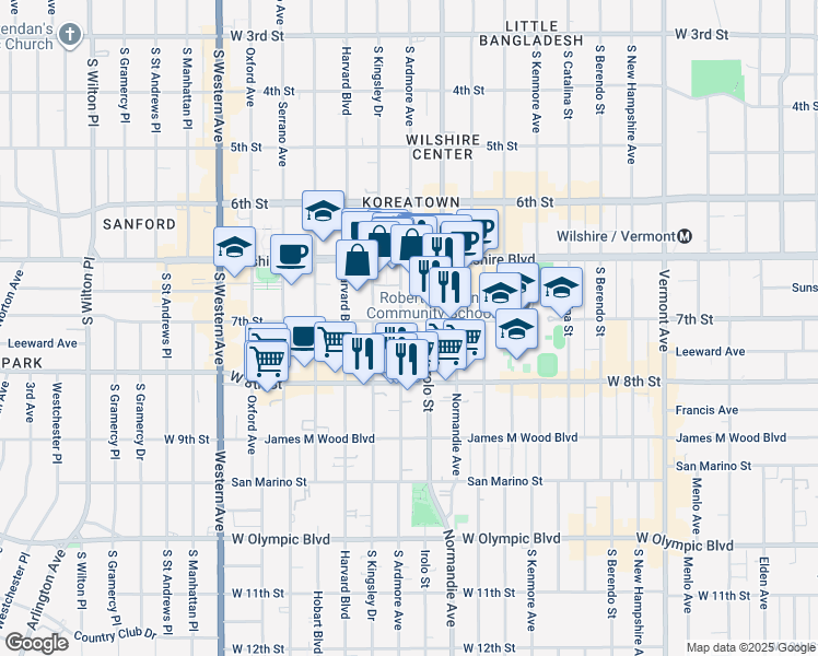 map of restaurants, bars, coffee shops, grocery stores, and more near 729 South Ardmore Avenue in Los Angeles