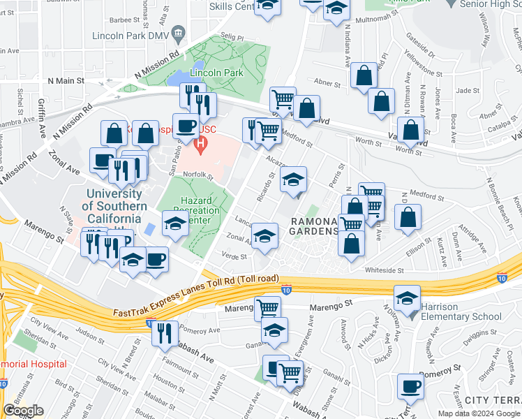 map of restaurants, bars, coffee shops, grocery stores, and more near 1450 Ricardo Street in Los Angeles