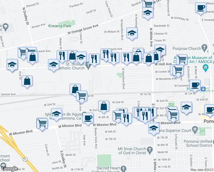 map of restaurants, bars, coffee shops, grocery stores, and more near 1010 West Holt Avenue in Pomona