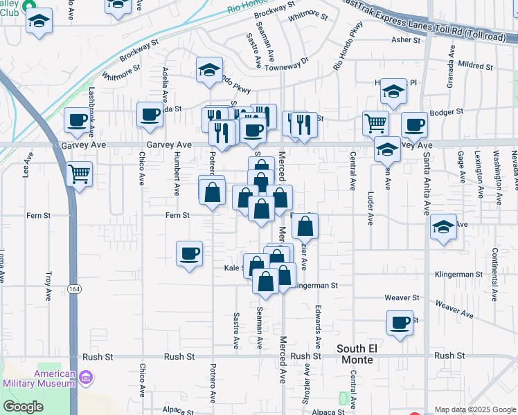 map of restaurants, bars, coffee shops, grocery stores, and more near 2603 Seaman Avenue in El Monte
