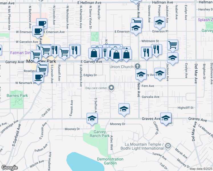 map of restaurants, bars, coffee shops, grocery stores, and more near 319 South Orange Avenue in Monterey Park