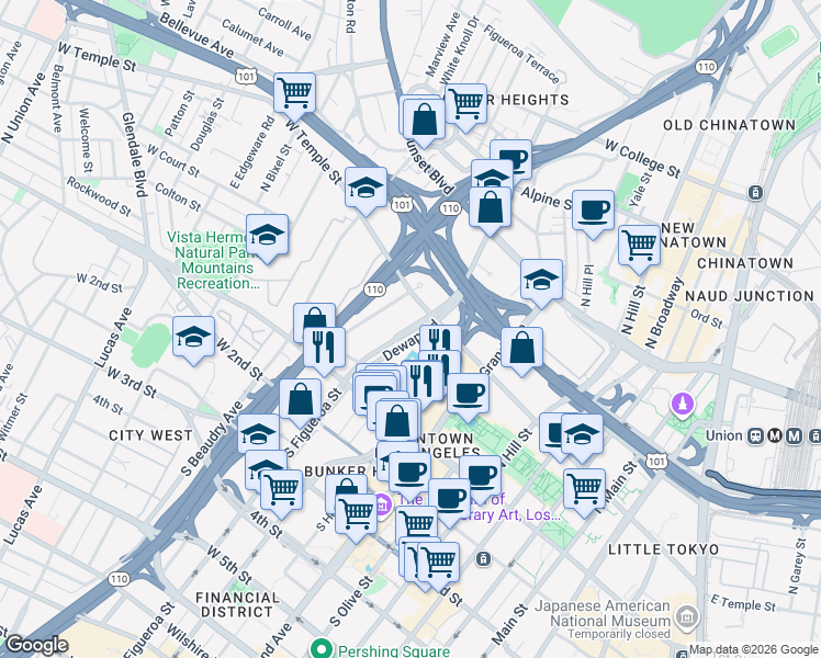 map of restaurants, bars, coffee shops, grocery stores, and more near 100-380 Dewap Road in Los Angeles