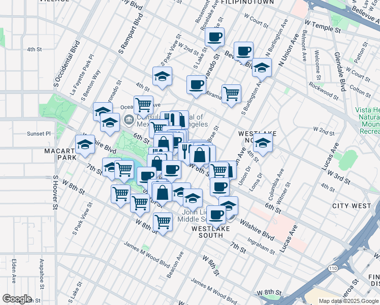 map of restaurants, bars, coffee shops, grocery stores, and more near 1931 West 6th Street in Los Angeles