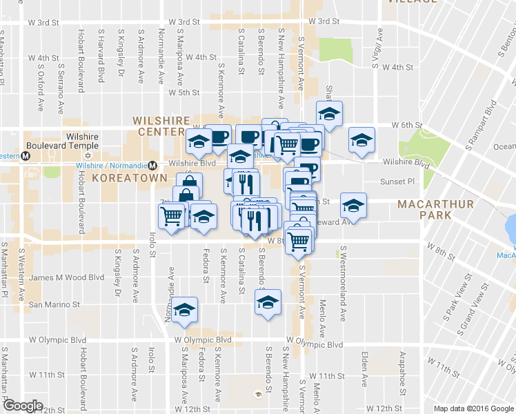 map of restaurants, bars, coffee shops, grocery stores, and more near 725 South Berendo Street in Los Angeles