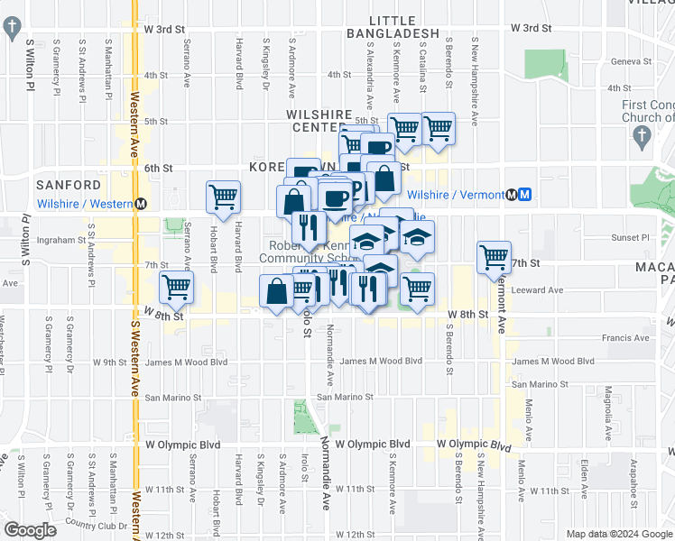 map of restaurants, bars, coffee shops, grocery stores, and more near 721 South Mariposa Avenue in Los Angeles
