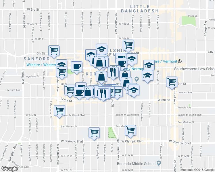 map of restaurants, bars, coffee shops, grocery stores, and more near 729 South Ardmore Avenue in Los Angeles