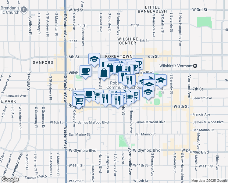 map of restaurants, bars, coffee shops, grocery stores, and more near 729 South Ardmore Avenue in Los Angeles