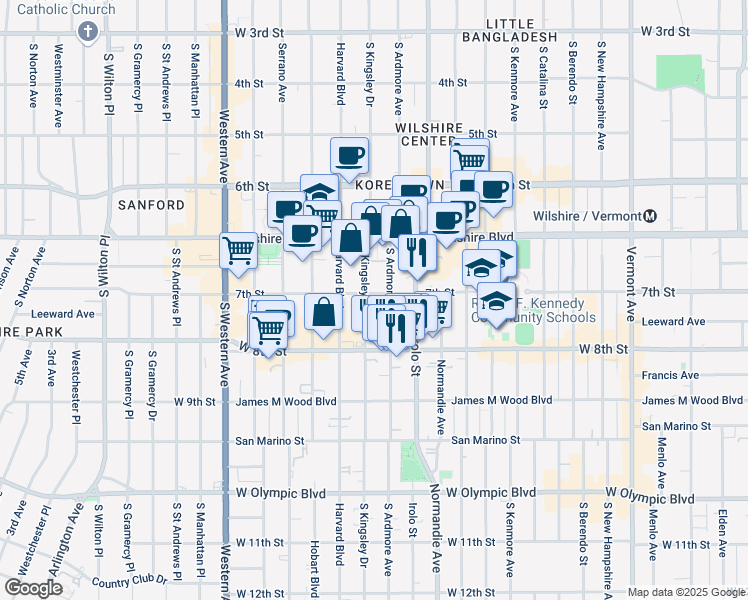 map of restaurants, bars, coffee shops, grocery stores, and more near 729 South Ardmore Avenue in Los Angeles
