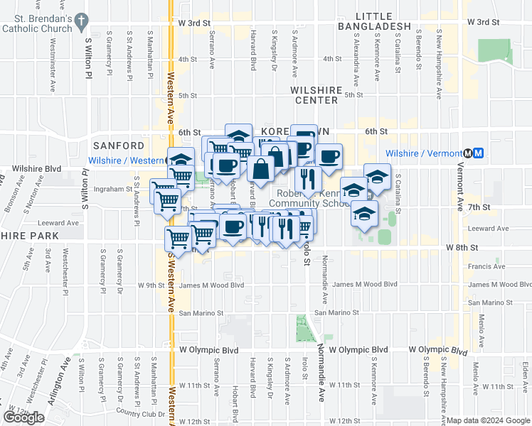 map of restaurants, bars, coffee shops, grocery stores, and more near 737 South Kingsley Drive in Los Angeles