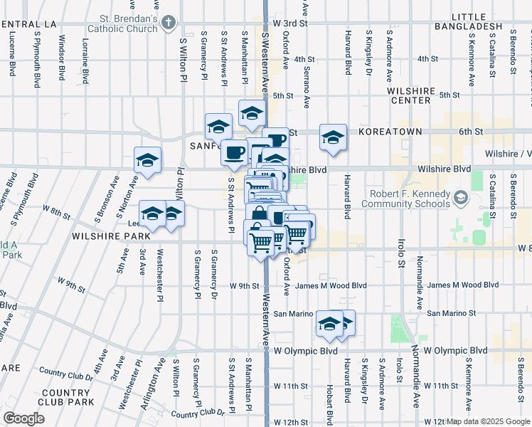 map of restaurants, bars, coffee shops, grocery stores, and more near 721 South Western Avenue in Los Angeles