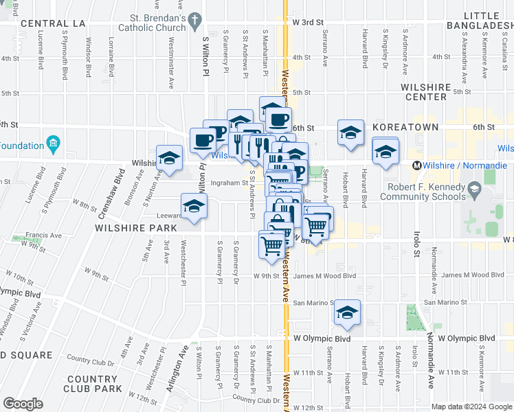 map of restaurants, bars, coffee shops, grocery stores, and more near 718 South Saint Andrews Place in Los Angeles