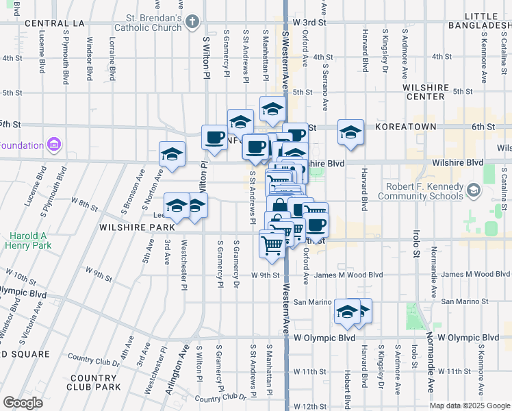 map of restaurants, bars, coffee shops, grocery stores, and more near 718 South Saint Andrews Place in Los Angeles