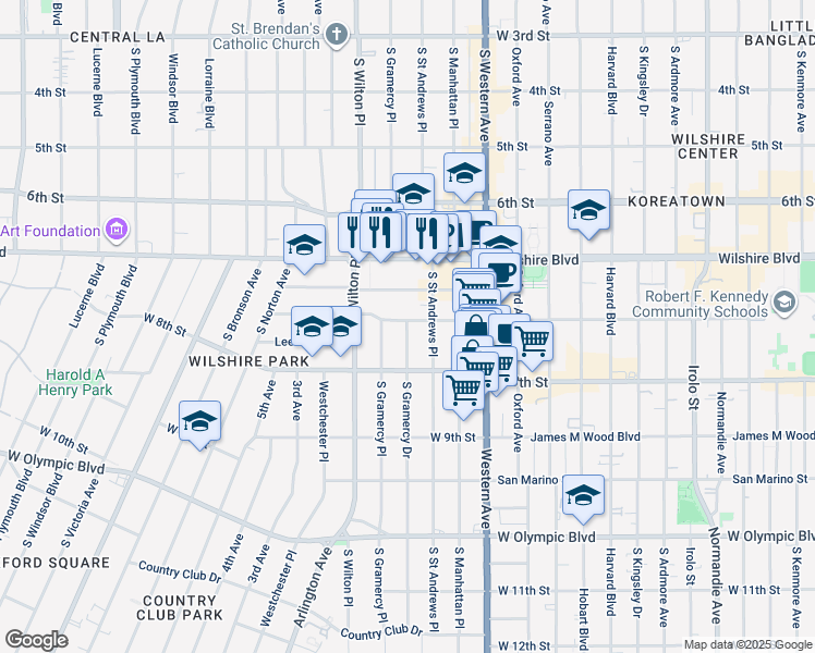 map of restaurants, bars, coffee shops, grocery stores, and more near 717 South Gramercy Drive in Los Angeles