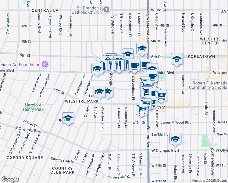 map of restaurants, bars, coffee shops, grocery stores, and more near 726 South Wilton Place in Los Angeles