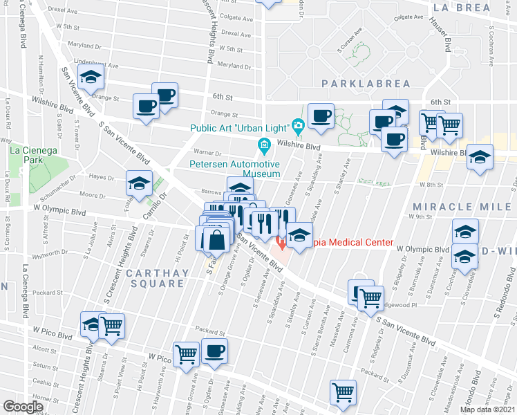 map of restaurants, bars, coffee shops, grocery stores, and more near 920 South Orange Grove Avenue in Los Angeles