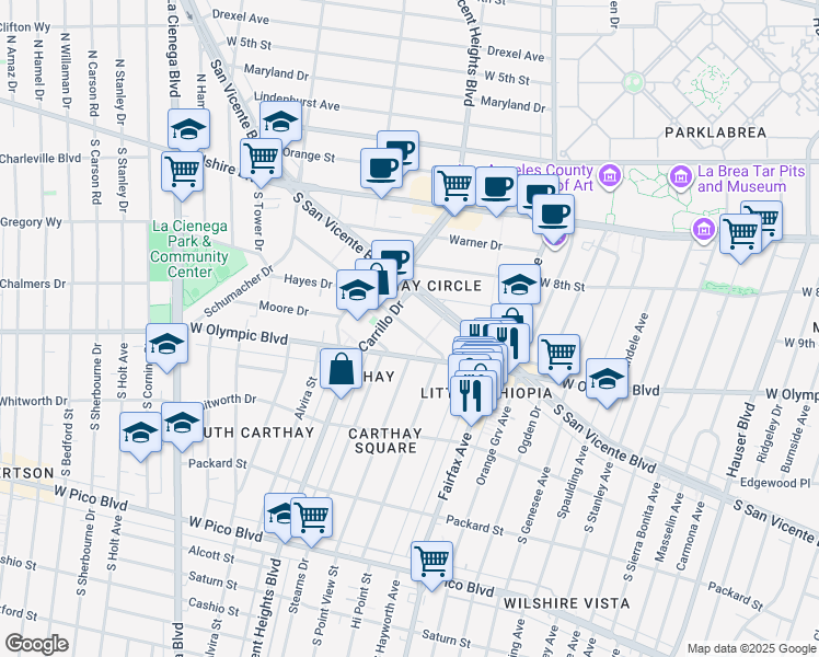 map of restaurants, bars, coffee shops, grocery stores, and more near 6224 Commodore Sloat Drive in Los Angeles