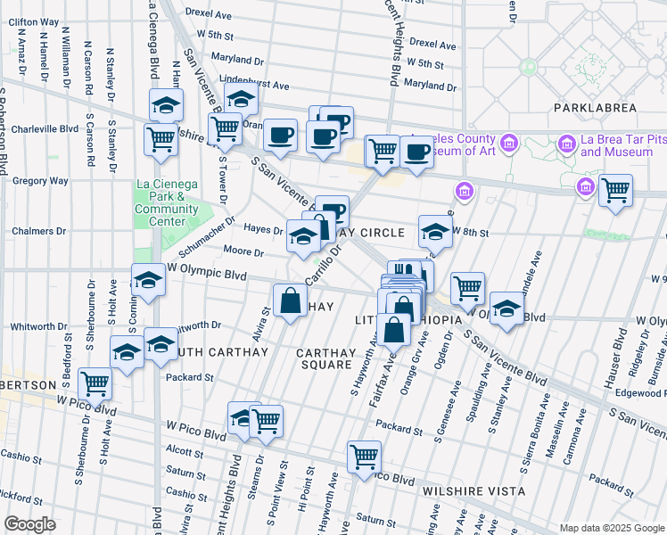 map of restaurants, bars, coffee shops, grocery stores, and more near 986 Stearns Drive in Los Angeles