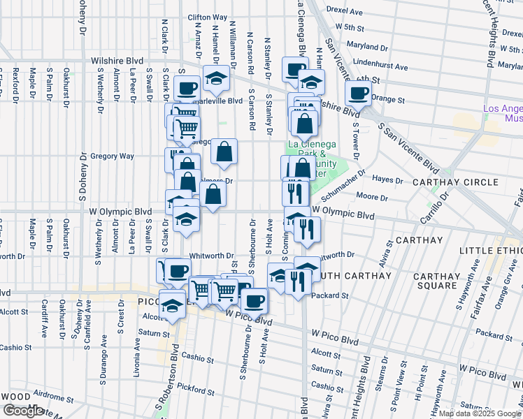 map of restaurants, bars, coffee shops, grocery stores, and more near 1001 South Holt Avenue in Los Angeles