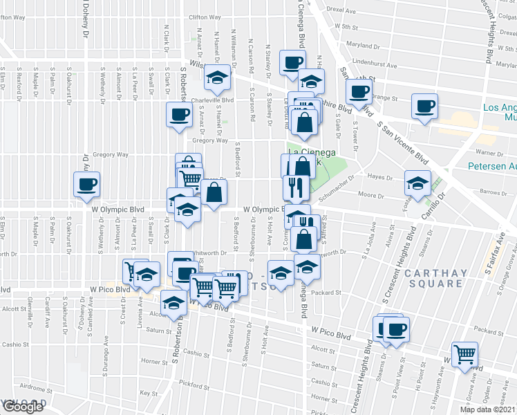 map of restaurants, bars, coffee shops, grocery stores, and more near 1001 South Holt Avenue in Los Angeles