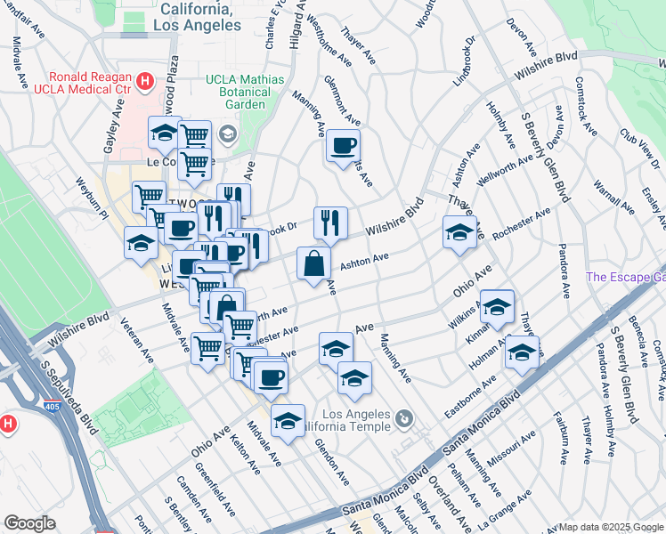 map of restaurants, bars, coffee shops, grocery stores, and more near 10740 Ashton Avenue in Los Angeles