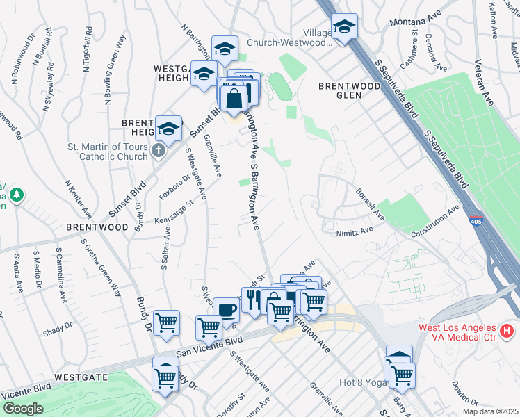 map of restaurants, bars, coffee shops, grocery stores, and more near 555 South Barrington Avenue in Los Angeles