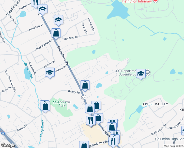 map of restaurants, bars, coffee shops, grocery stores, and more near 1411 Saint Andrews Terrace Road in Columbia