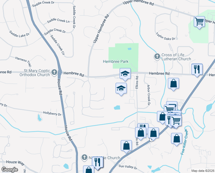 map of restaurants, bars, coffee shops, grocery stores, and more near 535 Hembree Grove Overlook in Roswell
