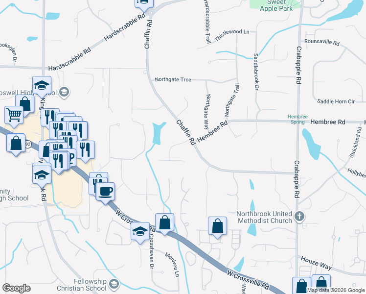 map of restaurants, bars, coffee shops, grocery stores, and more near 110 Oak Knoll Way in Roswell