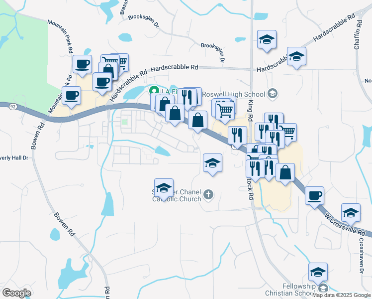 map of restaurants, bars, coffee shops, grocery stores, and more near 2108 Waters Edge Trail in Roswell