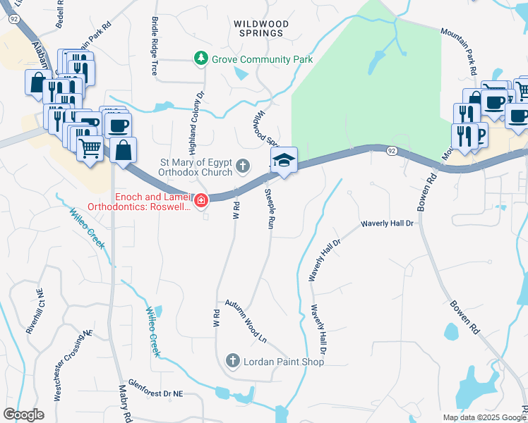 map of restaurants, bars, coffee shops, grocery stores, and more near 540 Steeple Run in Roswell
