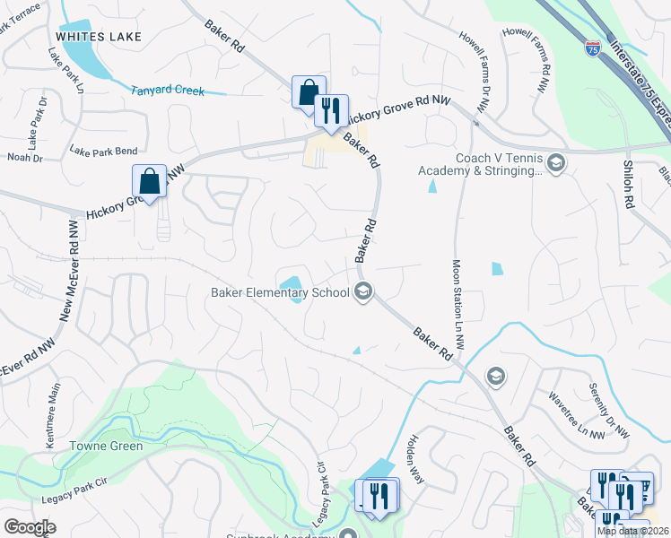 map of restaurants, bars, coffee shops, grocery stores, and more near 4450 Lockett Trce in Acworth