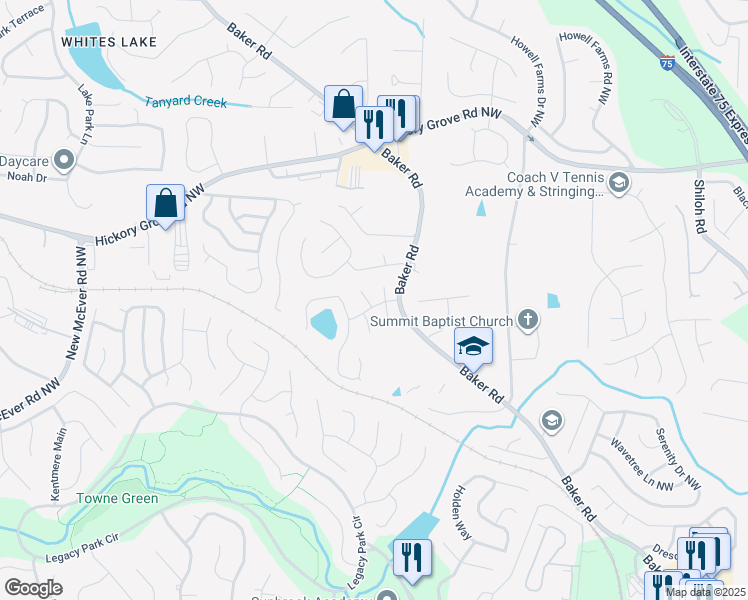 map of restaurants, bars, coffee shops, grocery stores, and more near 4537 Flictwick Way in Acworth