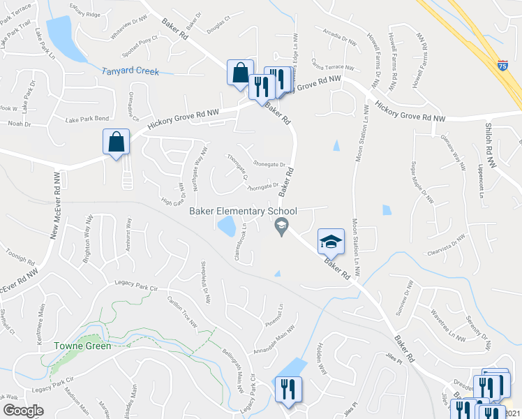 map of restaurants, bars, coffee shops, grocery stores, and more near 4450 Lockett Trce in Acworth