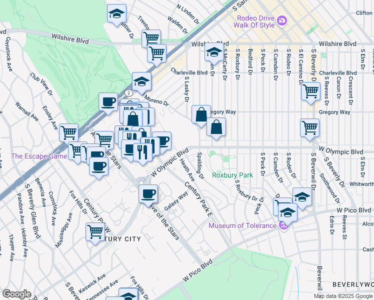 map of restaurants, bars, coffee shops, grocery stores, and more near 9858 West Olympic Boulevard in Beverly Hills