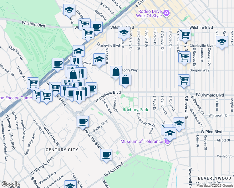map of restaurants, bars, coffee shops, grocery stores, and more near 9770 West Olympic Boulevard in Beverly Hills